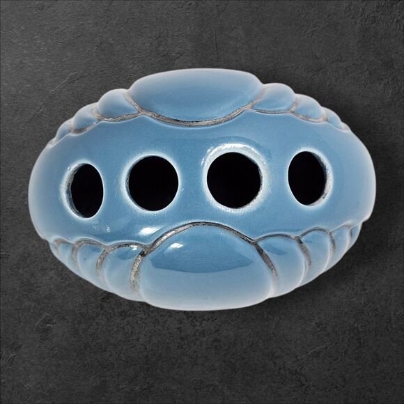 Vintage Blue & Silver Seashell Toothbrush Holder Nautical Bathroom Decor Ceramic - Picture 6 of 10